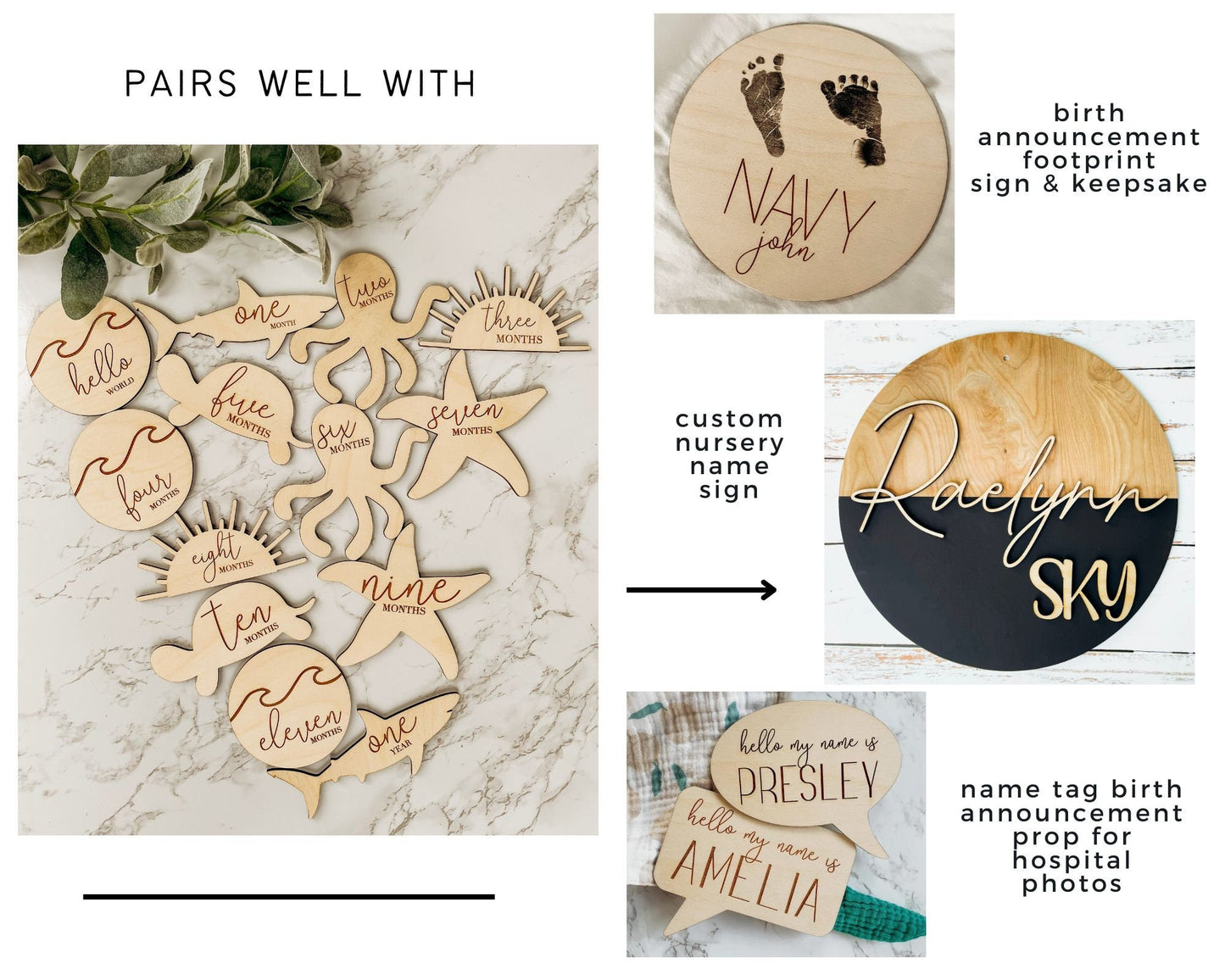 Baby Milestone Monthly Photo Signs – Nautical Theme – Wooden Personalized Baby Name Prop Set