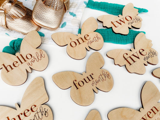 Wooden Butterfly Themed Newborn Baby Girl Milestone Set