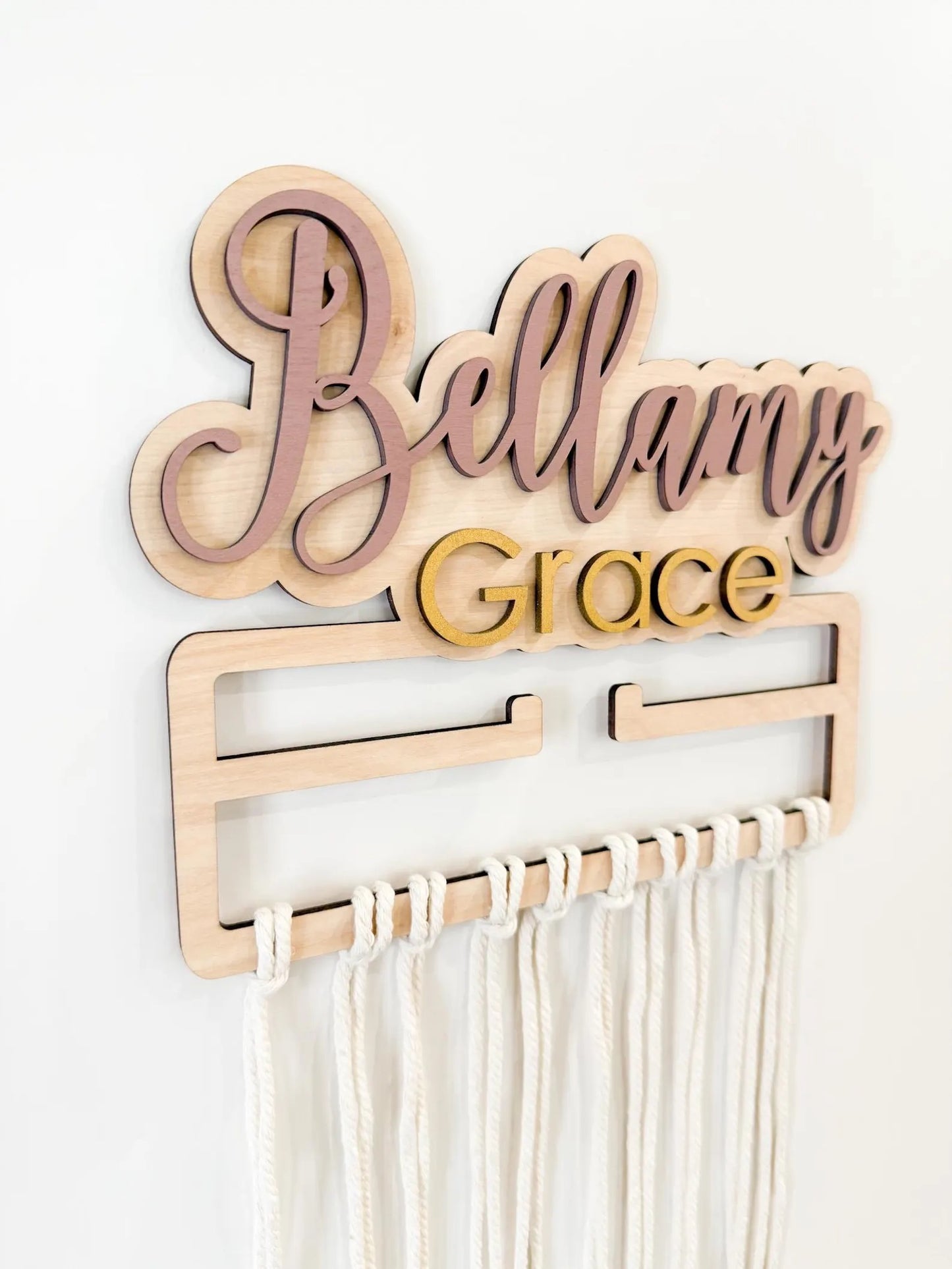 Personalized Hair Bow Holder Organizer – Wooden Nursery Wall Decor for Girls – Custom Name Bow Display by Beam & Cotton